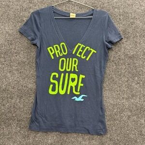 Hollister Protect Our Surf Womens Medium Navy Graphic V Neck Tee Y2K